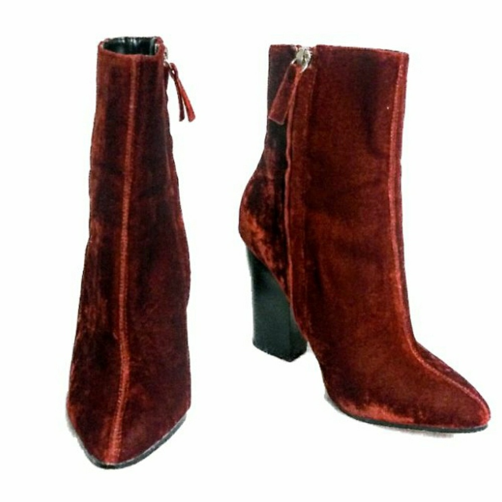 Zara Red Velvet Block Heel Boots Sz 36 (US Sz 6)